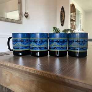 4 Vintage Arcoroc France Mugs Black Glass Yucatan Pattern Southwestern Mugs
